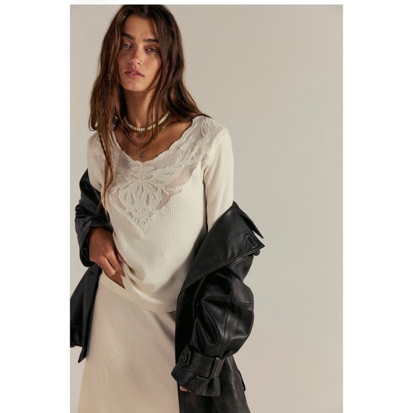 Free People Tops - Free People Butterfly Cuff long sleeve thermal tee cream XL embroidered new nwt